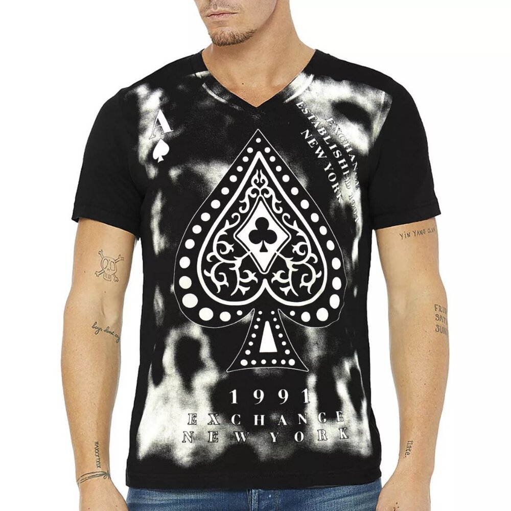 NWT EXCHANGE ACE OF SPADES MEN'S BLACK V-NECK SHORT SLEEVE T-SHIRT SIZE S M